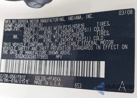 2008 Toyota Sienna Ce from USA, damaged, VIN 5TDZK23C58S179955
